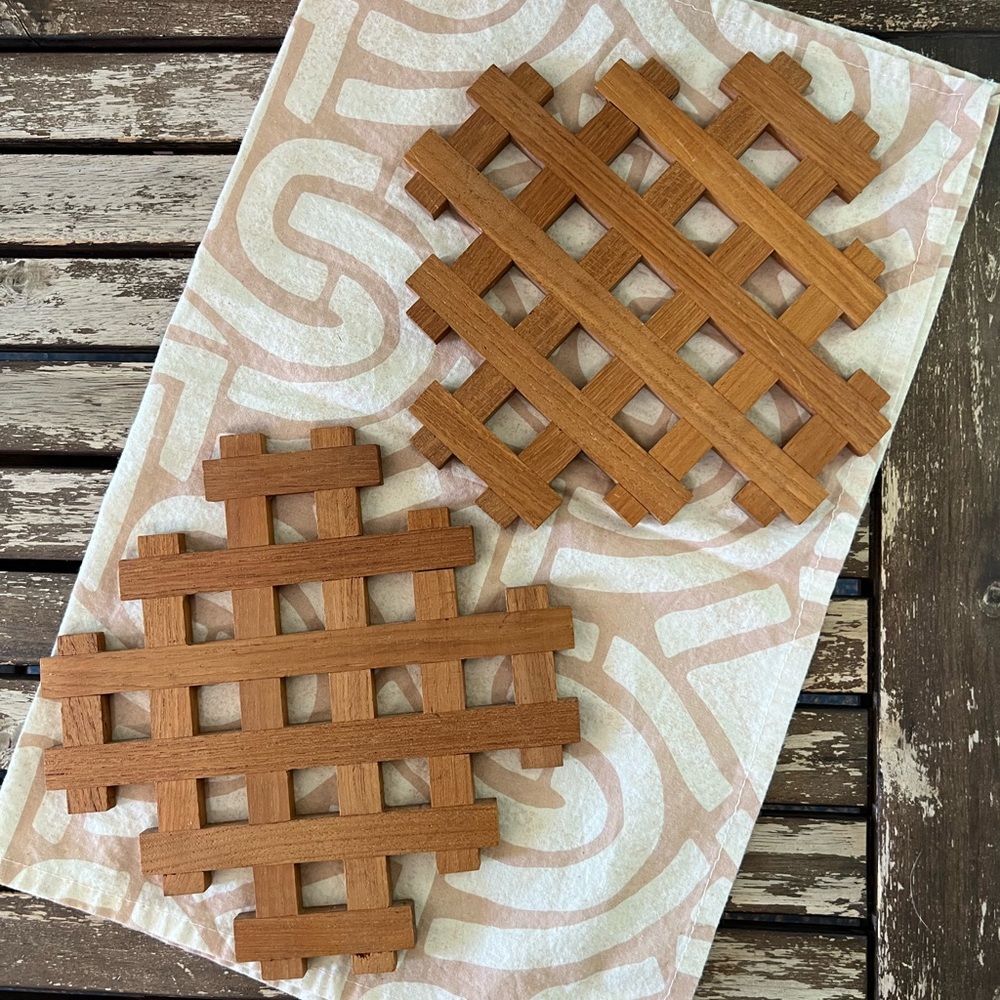 Pair of teak Crosshatch pattern trivets